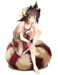  animal_ears arm_support barefoot bow breasts brown_eyes brown_hair downblouse full_body futatsuiwa_mamizou glasses gorilla_(bun0615) hat hat_bow highres leaf leaf_on_head nipple_slip nipples raccoon_ears raccoon_tail shirt sitting sitting_on_own_tail skirt small_breasts solo tail touhou 