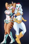  &lt;3 anthro black_fur boots breasts brown_fur canine cleavage cleavage_cutout clothed clothing dirty_pair duo fay_spaniel feline female footwear fur kyelyn_(artist) looking_at_viewer mammal miyu_lynx nintendo skimpy space star star_fox striped_fur stripes video_games white_fur 