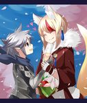  1girl animal_ears blue_sky cherry_blossoms fire_emblem fire_emblem_if fox_ears fox_tail fur_trim gradient gradient_background heart kanna_(fire_emblem_if) kinu_(fire_emblem_if) kitsune petals pointy_ears rojiura-cat scarf sky spiked_hair tail tree 