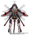  a6m_zero_(personification) black_hair brown_gloves character_request copyright_name gloves goggles goggles_on_head katana kuusen_otome_virgin_strike long_hair looking_at_viewer nakajou personification red_eyes scarf scarf_over_mouth solo sword turret weapon white_background 