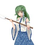  :d blush_stickers brown_eyes detached_sleeves fuwatoro_(enemy-of-society) gohei green_hair kochiya_sanae long_hair looking_at_viewer open_mouth skirt smile solo touhou vest 