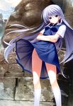  bow day expressionless floating_hair fumio_(ura_fmo) grisaia_(series) grisaia_no_kajitsu groin highres kazami_kazuki long_hair long_legs megami no_panties official_art outdoors red_eyes sculpture short_sleeves silver_hair solo standing very_long_hair white_legwear wind wind_lift 