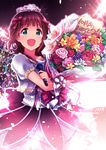  amami_haruka anniversary blush bouquet brown_hair commentary_request crown dress flower green_eyes hair_ribbon idolmaster idolmaster_(classic) ima_(lm_ew) microphone open_mouth puffy_short_sleeves puffy_sleeves ribbon short_hair short_sleeves skirt smile solo starry_fairy tears 