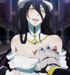  1girl albedo bare_shoulders black_hair blush breast_grab breasts cleavage demon demon_girl dress female gloves grabbing happy highres horns large_breasts long_hair looking_at_viewer open_mouth overlord overlord_(maruyama) screencap solo stitched succubus yellow_eyes 