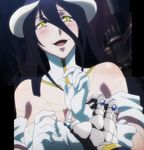  1boy 1girl albedo bare_shoulders black_hair blush breasts cleavage demon demon_girl dress gloves happy highres horns large_breasts long_hair looking_at_viewer open_mouth overlord overlord_(maruyama) screencap simple_background solo stitched succubus yellow_eyes 