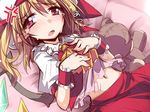  ascot blonde_hair flandre_scarlet hat hemogurobin_a1c looking_at_viewer lying midriff mob_cap navel on_back open_mouth pink_eyes shirt skirt solo stuffed_animal stuffed_toy tears teddy_bear touhou vest wings wrist_cuffs 