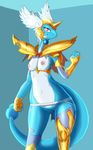  anthro anthrofied armor breasts broken_armor clothing dark-moltres dragonair female hair looking_at_viewer navel nintendo nipples pink_eyes pok&eacute;mon pok&eacute;morph pussy solo standing torn_clothing video_games white_hair wide_hips 