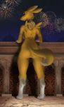  anthro breasts butt digimon female fireworks fur fustang green_eyes jewelry looking_back nude pussy renamon side_boob solo standing white_fur yellow_fur 