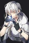  bug butterfly gloves hood insect japanese_clothes kiragera male_focus partly_fingerless_gloves pom_pom_(clothes) smile solo touken_ranbu tsurumaru_kuninaga white_hair yellow_eyes 