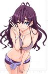  ;3 angelo_(gomahangetsu) antenna_hair bare_shoulders bikini bikini_top blue_eyes bracelet breasts cleavage cowboy_shot earrings front-tie_top highres ichinose_shiki idolmaster idolmaster_cinderella_girls jewelry large_breasts long_hair looking_at_viewer navel necklace one_eye_closed purple_bikini purple_hair short_shorts shorts simple_background solo swimsuit thigh_gap unfinished v white_background 