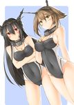  arm_behind_back bare_shoulders black_hair blush breast_hold breasts brown_hair competition_swimsuit covered_navel cowboy_shot green_eyes hair_between_eyes headgear kaminagi_(kaminagi-tei) kantai_collection long_hair looking_at_viewer multiple_girls mutsu_(kantai_collection) nagato_(kantai_collection) one-piece_swimsuit red_eyes smile swimsuit very_long_hair 