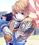  armor blue_eyes brown_hair candy food gloves male_focus shin_sangoku_musou solo too_mizuguchi xiahou_ba 