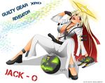  1girl ahoge ankh arc_system_works ball_and_chain belt blonde_hair blush bodysuit breasts candy cross cross_necklace echo_destiny gloves guilty_gear guilty_gear_xrd halo jack-o_(guilty_gear) licking lollipop long_hair looking_at_viewer mask multicolored_hair open_mouth red_eyes red_hair simple_background sitting smile solo tongue tongue_out 