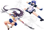  2girls blue_eyes blue_hair breasts dark_skin eyepatch gloves green_eyes ikkitousen kan&#039;u_unchou kan'u_unchou large_breasts long_hair multiple_girls official_art ponytail purple_hair ryomou_shimei short_hair simple_background skirt socks spear weapon 