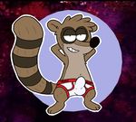  anthro blueballs briefs cartoon_network clothing grin hands_behind_head looking_at_viewer male mammal pinup pose raccoon regular_show rigby_(regular_show) solo standing tenting underwear 