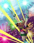  2014 absurdres arms_up bangle bracelet fireworks flat_chest green_skirt highres horse_mask jewelry original poch4n school_uniform senkou_hanabi serafuku skirt socks solo sparkler what 