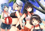  &gt;:) :d ;d bikini bikini_top black_hair blue_eyes blue_hair breasts cleavage double_bun hair_ornament hair_over_one_eye hairband hairclip hamakaze_(kantai_collection) hand_on_hip hat isokaze_(kantai_collection) kantai_collection large_breasts long_hair medium_breasts multiple_girls navel one_eye_closed open_mouth plan_(planhaplalan) red_eyes short_hair shorts silver_hair small_breasts smile swimsuit tanikaze_(kantai_collection) twintails urakaze_(kantai_collection) v v-shaped_eyebrows white_hat 