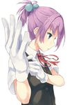  adjusting_clothes adjusting_gloves blue_eyes collared_shirt foreshortening gloves hair_ornament high_ponytail kantai_collection neck_ribbon ponytail profile purple_hair red_neckwear red_ribbon ribbon school_uniform shiranui_(kantai_collection) shirt short_hair short_ponytail short_sleeves simple_background solo upper_body vest white_background white_gloves yuragi_(sdmzonari) 