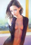  arata_yokoyama blue_eyes breasts brown_hair chin_rest cleavage collarbone hand_on_own_chin highres long_hair long_sleeves looking_at_viewer naked_shirt navel no_bra off_shoulder open_clothes open_shirt original photorealistic shirt small_breasts solo upper_body window 