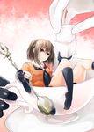  brown_eyes brown_hair commentary_request cup elbow_gloves gloves kantai_collection minigirl nagihashi_koko school_uniform sendai_(kantai_collection) short_hair skirt spoon sugar_cube teacup two_side_up 