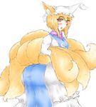  animal_ears ass back bent_over blonde_hair blush breasts dress fox_ears fox_tail frilled_dress frills from_behind hat holding_own_tail juliet_sleeves large_breasts long_sleeves looking_back multiple_tails open_mouth pillow_hat puffy_sleeves raised_eyebrows red_eyes short_hair simple_background solo ta_gero tabard tail tassel touhou white_background yakumo_ran 