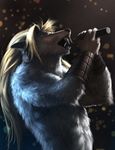 abs anthro armband biceps blonde_hair canine claws clothed clothing collar concert detailed eyes_closed fangs fur grey_fur hair half-dressed lights loculi long_hair male mammal microphone muscles night open_mouth sharp_teeth singing teeth toned topless were werewolf wolf 