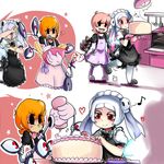  absurdres apron bad_id bad_pixiv_id baking bloody_marie_(skullgirls) blush cake captain_kirb checkered checkered_apron collaboration commentary cooking eighth_note english_commentary extra_eyes eye_socket food frills fruit gloves hair_ornament heart highres kitchen magicalchan maid_headdress mechanical_arms mixing_bowl multiple_girls musical_note orange_hair oven pantyhose peacock_(skullgirls) red_eyes ribbon saliva sharp_teeth short_hair skull skull_hair_ornament skullgirls star strawberry teeth tongue tongue_out twintails whisk white_gloves 