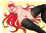  ahoge arms_behind_head arms_up bikini black_legwear blue_eyes high_school_dxd long_hair micro_bikini navel pink_bikini red_hair rias_gremory solo stormcow swimsuit thighhighs very_long_hair 