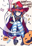  2014 :d adjusting_clothes adjusting_hat blue_hair bon_bon bow bowtie candy cape fingerless_gloves food full_body ghost gloves hair_between_eyes halloween happy_halloween hat hat_bow heart jack-o'-lantern kamekoya_sato looking_at_viewer love_live! love_live!_school_idol_project open_mouth pumpkin shorts smile smiley_face solo sonoda_umi star striped striped_gloves striped_legwear sweets thighhighs twitter_username witch_hat yellow_eyes 