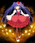  blue_eyes blue_hair bow bug butterfly choker dress floral_print flower furudo_erika grin hair_flower hair_ornament highres insect mari_audio mary_janes pantyhose print_legwear shoes skirt_hold smile twintails umineko_no_naku_koro_ni 