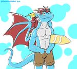  2015 anthro clothed clothing darkenstardragon dragon half-dressed horn male smile swimsuit topless wings zero_(darken) 