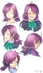  1girl eyes_closed forced_smile long_hair love_live!_school_idol_project low_twintails open_mouth sizuka_(takuma0) smile toujou_nozomi twintails white_background 
