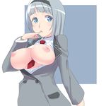  anna_nishikinomiya aqua_eyes between_breasts bracelet breasts breasts_outside finger_to_mouth hairband jewelry katuhata large_breasts looking_to_the_side necktie necktie_between_breasts nipples school_uniform shimoneta_to_iu_gainen_ga_sonzai_shinai_taikutsu_na_sekai short_hair silver_hair 