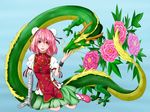  arm_support bandaged_arm bandages blouse blue_background chain cuffs double_bun dragon eastern_dragon fingernails flower ibaraki_kasen looking_at_viewer nail_polish parted_lips pink_eyes pink_flower pink_hair pink_nails pink_rose rose shackles shii_a1 short_hair short_sleeves simple_background sitting skirt solo tabard touhou wariza 