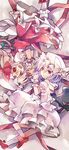  bat_wings blonde_hair bow fang flandre_scarlet hat hat_bow highres lavender_hair mob_cap multiple_girls open_mouth red_eyes remilia_scarlet ringpearl rotational_symmetry sash siblings sisters touhou wings wrist_cuffs 