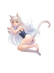  absurdres animal_ears ass bad_id bad_pixiv_id barefoot brown_eyes cat_ears catbii full_body highres long_hair original paw_pose school_swimsuit silver_hair simple_background smile solo swimsuit tail white_background 