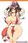  armpits arms_up bouncing_breasts breasts brown_hair center_opening cleavage curvy fatal_fury groin high_ponytail highres huge_breasts light_smile long_hair looking_at_viewer no_bra no_panties pelvic_curtain rebis revealing_clothes shiranui_mai sideboob simple_background solo strap_gap sweat the_king_of_fighters thick_thighs thighs watermark web_address white_background wide_hips 