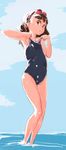  brown_eyes brown_hair goggles goggles_on_head np_(slipbounds) one-piece_swimsuit original school_swimsuit short_hair solo standing swimsuit 