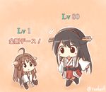  ahoge black_hair blush brown_hair chibi commentary_request detached_sleeves double_bun hair_ornament hairband haruna_(kantai_collection) japanese_clothes kantai_collection kongou_(kantai_collection) long_hair multiple_girls open_mouth rexlent skirt thighhighs translated twitter_username 