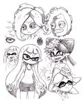  4girls aori_(splatoon) bad_id bad_pixiv_id bike_shorts detached_collar domino_mask earrings food food_on_head hair_rings hotaru_(splatoon) inkling jewelry long_hair mask mole mole_under_eye monochrome multiple_girls object_on_head octarian octoling octotrooper pointy_ears short_hair simple_background smile sparkle splatoon_(series) splatoon_1 sushi symbol-shaped_pupils takozonesu tears tentacle_hair tentacles upper_body white_background yuta_agc 