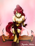  armor bed belt boots breasts cleavage elbow_gloves gloves gradient gradient_background green_eyes long_hair pyrrha_nikos red_hair rwby sitting solo 