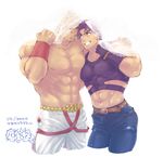  bad_id bad_pixiv_id bara battle_tendency blue_eyes facial_mark grin jojo_no_kimyou_na_bouken joseph_joestar_(young) male_focus manly midriff multiple_boys muscle nanmusan purple_hair shirtless smile veil wamuu 