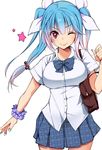  alternate_costume blue_hair breasts bun_(hiyokomame) hair_ribbon i-19_(kantai_collection) kantai_collection large_breasts long_hair one_eye_closed red_eyes ribbon school_uniform smile solo star star-shaped_pupils symbol-shaped_pupils twintails 
