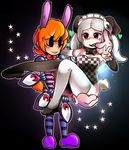  animal_ears arm_around_neck bad_id bad_pixiv_id black_background bloody_marie_(skullgirls) blush bow bowtie bunny_ears captain_kirb checkered collaboration dog_ears extra_eyes eye_socket finger_in_another's_mouth finger_in_mouth gloves hair_ornament heart highres holding magicalchan maid_headdress mechanical_arms multiple_girls orange_hair peacock_(skullgirls) red_eyes red_hair sharp_teeth shirt short_hair skullgirls star striped striped_legwear striped_shirt sweat tail teeth thighhighs twintails white_gloves white_legwear 
