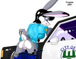  black_hair blue_eyes clothing female furgeta hair handcuffs invalid_tag lagomorph licking mammal pants pants_down police_officer rabbit shackles solo tongue tongue_out wet 