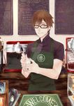  apron brown_hair cash_register cd_case coffee_maker_(object) cup doodle free! glasses green_eyes highres male_focus marker menu milkuriem solo tachibana_makoto watermark web_address 