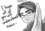  angel death english_text eyewear glasses halo looking_at_viewer plain_background sad satoru_iwata smile text unknown_artist white_background 