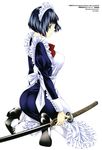  absurdres ass blue_hair eyepatch full_body green_eyes high_heels highres ikkitousen kneeling maid non-web_source ryomou_shimei shiozaki_yuji short_hair sword weapon 