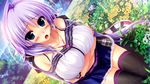  antenna_hair aqua_eyes blush breasts crossed_arms dutch_angle field flower flower_field game_cg hoshizaki_ouka jewelry large_breasts long_hair midriff necklace non-web_source official_art open_mouth oshiki_hitoshi outdoors purple_hair sakigake_generation! seiza shoes sitting skirt sneakers solo 