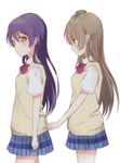  bad_id bad_twitter_id blue_hair bow brown_hair clothes_grab commentary cora_stt long_hair love_live! love_live!_school_idol_project minami_kotori multiple_girls otonokizaka_school_uniform profile school_uniform short_sleeves simple_background sonoda_umi sweater_vest white_background yellow_eyes yuri 